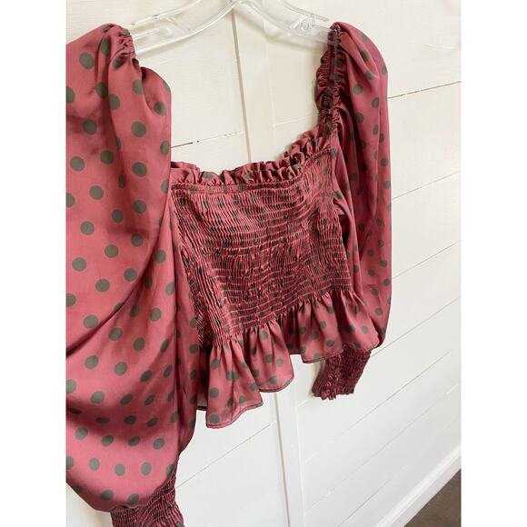 Zara Satin Glam Smocked Polka Dot Puff Sleeve Blouse -‎ S EUC - Picture 14 of 16